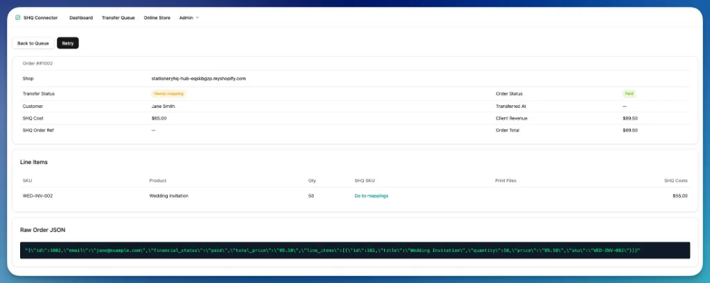 SHQ Connect order detail with line items, artwork files, and SHQ JSON payload