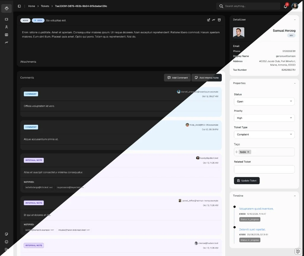 Ticket Support ticket detail view with conversation thread and internal notes