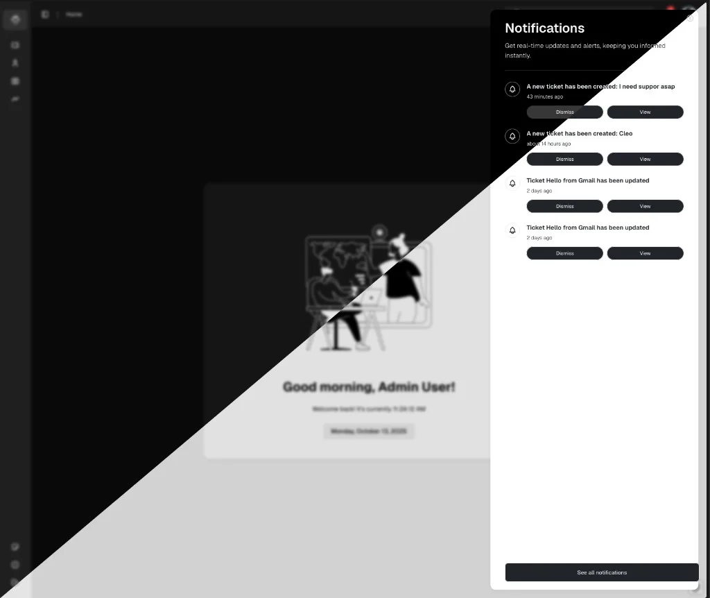 Ticket Support notifications panel listing recent ticket activity