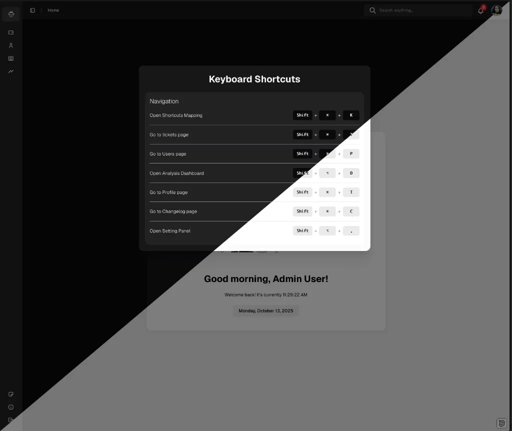 Ticket Support keyboard shortcuts modal showing dark and light theme variants